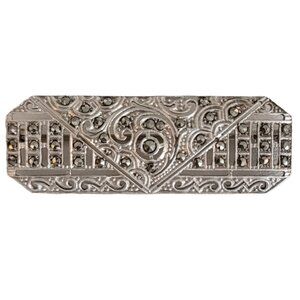 Sterling Silver Art Deco Marcasite Trombone Clasp Bar Pin Brooch, K214